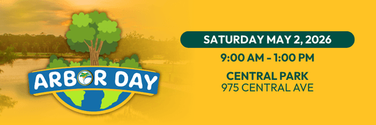 Palm Coast Arbor Day cover photo with phot of central park, arbor day logo and event details