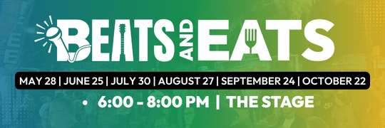 Patrons in the background purchasing items from food trucks overlay with details of Beats and Eats