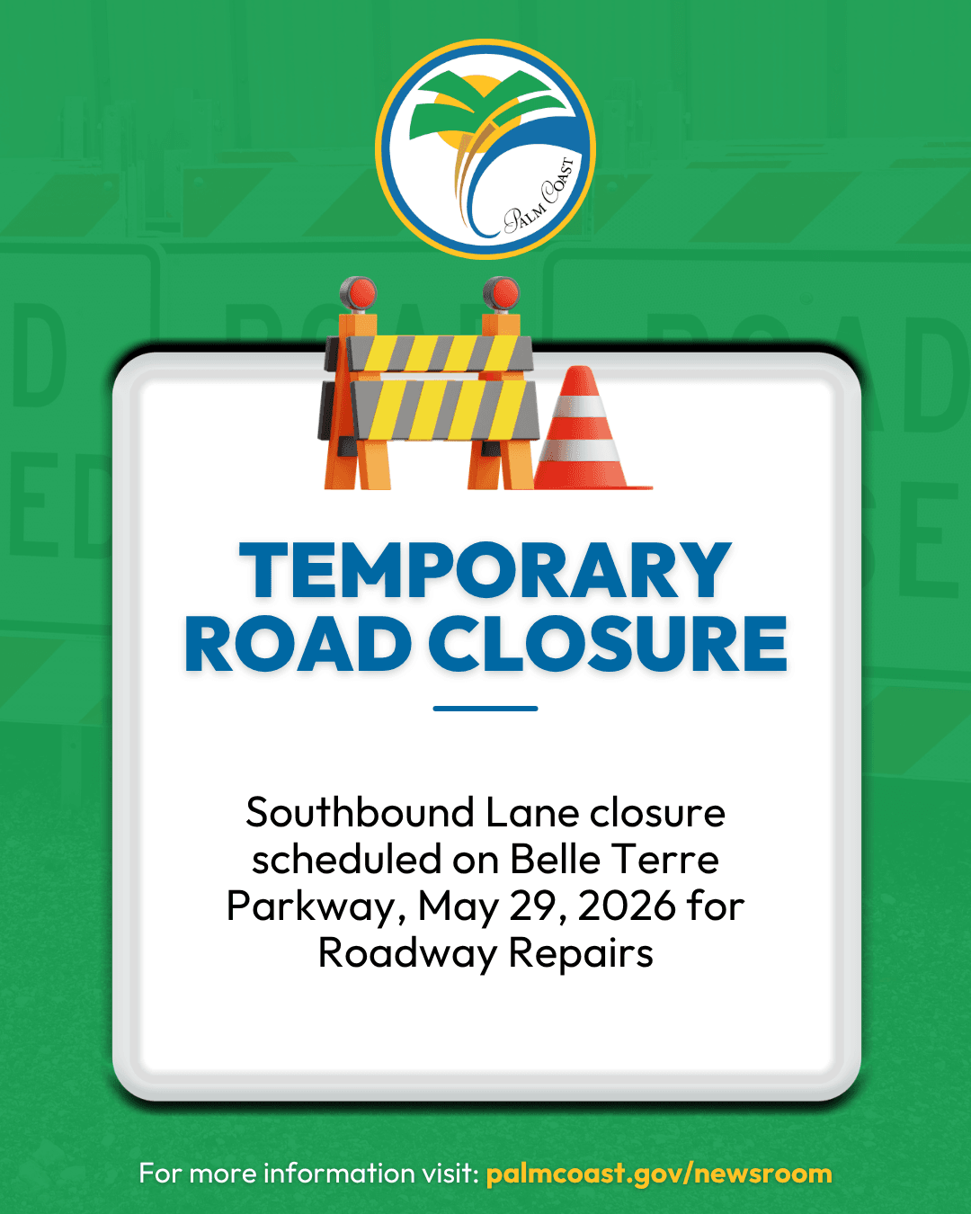 temporarily close the left southbound lane on Belle Terre Parkway just north of Belle Terre Elementary School at the intersection of Burroughs Drive on Friday, .