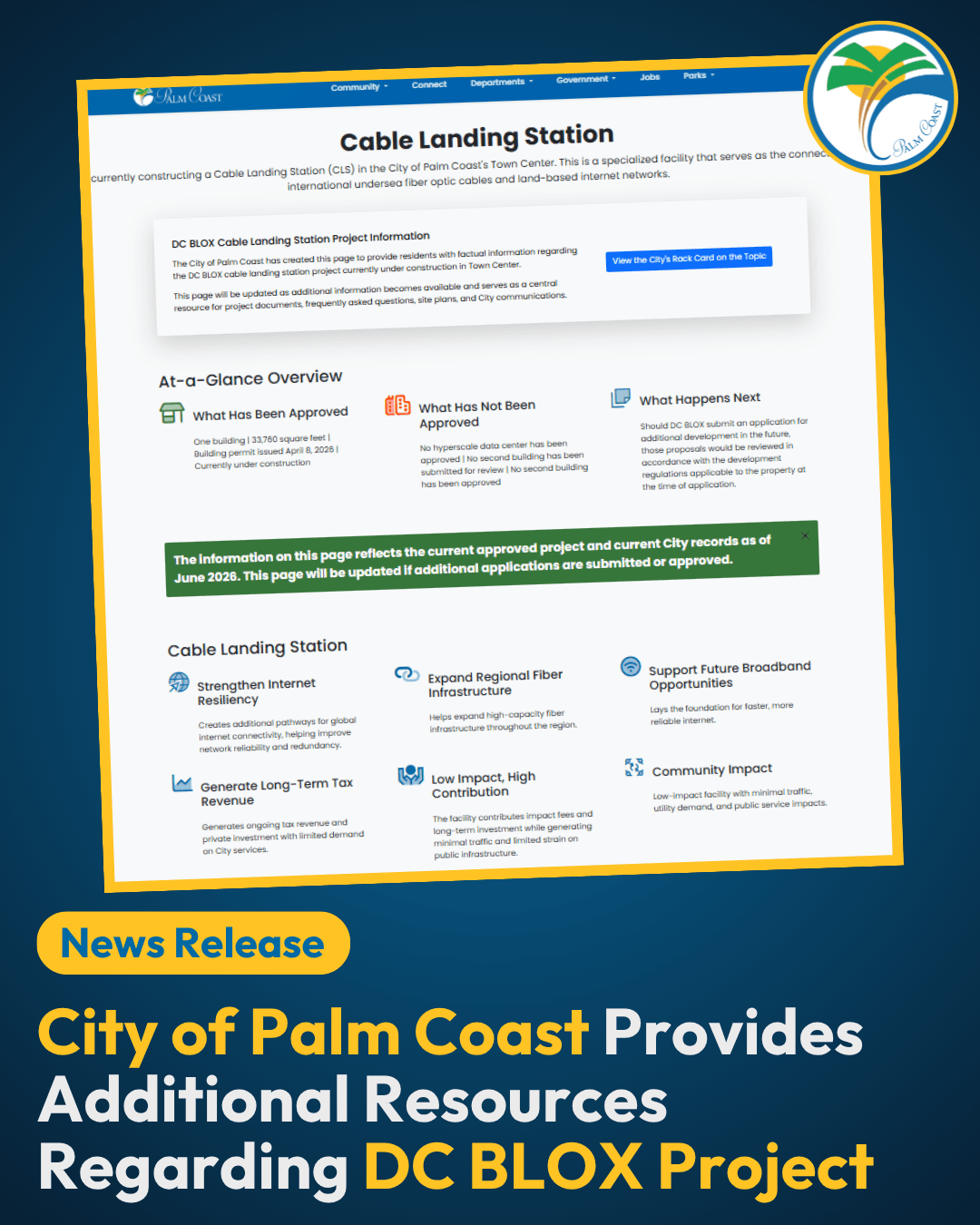 City of Palm Coast Provides Additional Resources Regarding DC BLOX Project