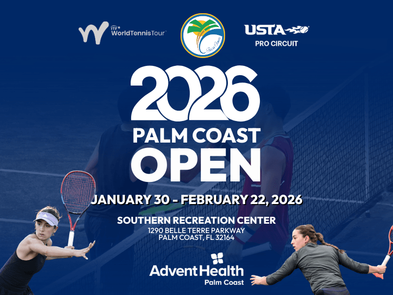 cutouts of tennis players with text advertising the 2026 Palm Coast Open