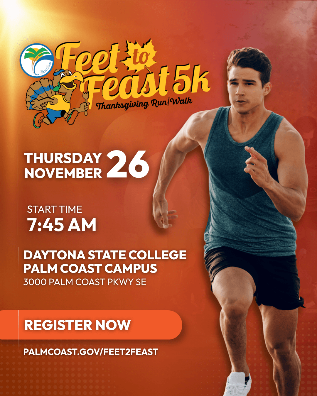The 2026 Feet to Feast Thanksgiving 5K will take place Thursday, November 26, allowing runners and walkers to start Thanksgiving morning with a fun, festive event surrounded by family, friends, and community.