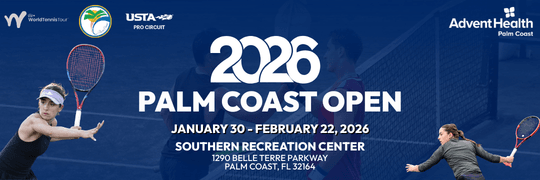 cutouts of tennis players with text advertising the 2026 Palm Coast Open