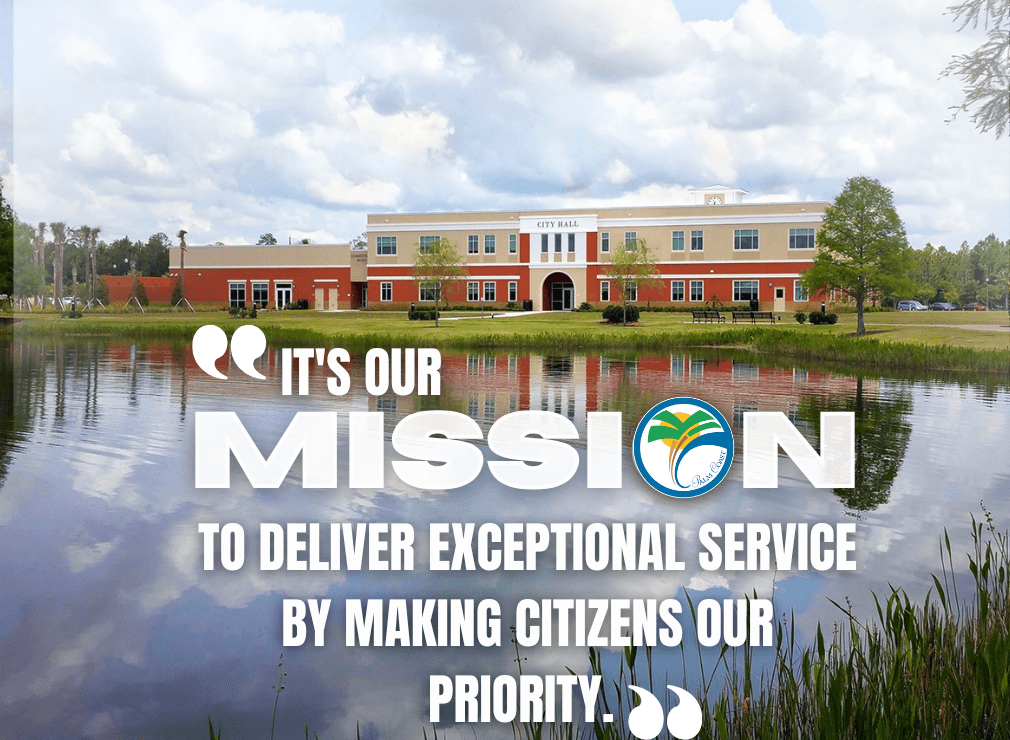 A photo of city hall with text that say "It's our mission to deliver exceptional service by making citizens our priority"