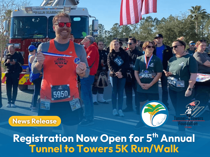 Graphic with Photo of Participants from previous Tunnel to Towers 5K event with winner holding medal.
