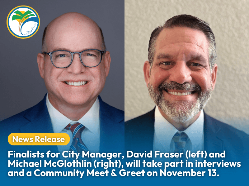 City Manager Finalists pictured with text announcing interviews and meet and greet planned for nov 13 2025