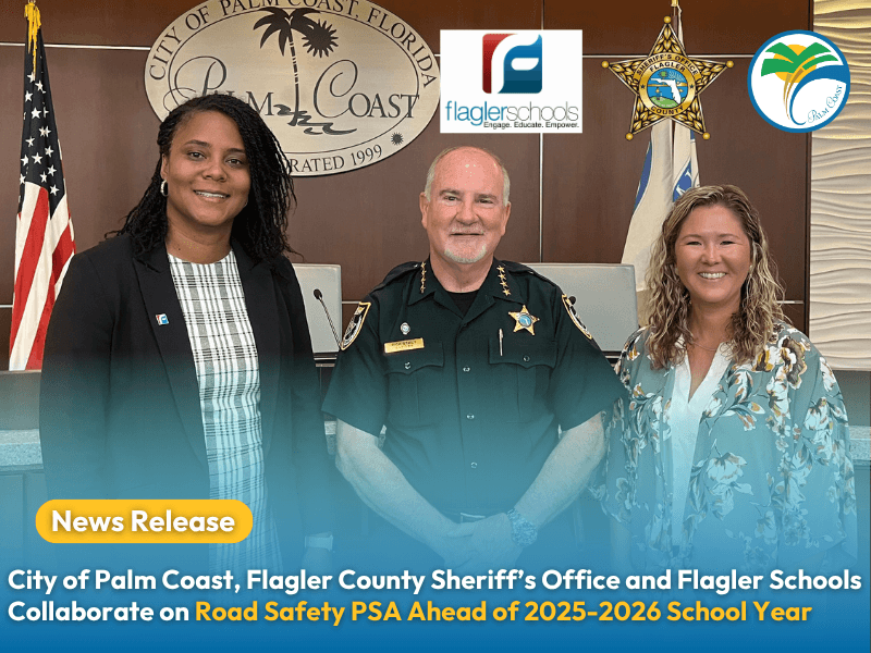 Photo of Flagler Schools Superintendent LaShakia Moore, Flagler County Sheriff Rick Staly and City of Palm Coast Acting City Manager Lauren Johnston