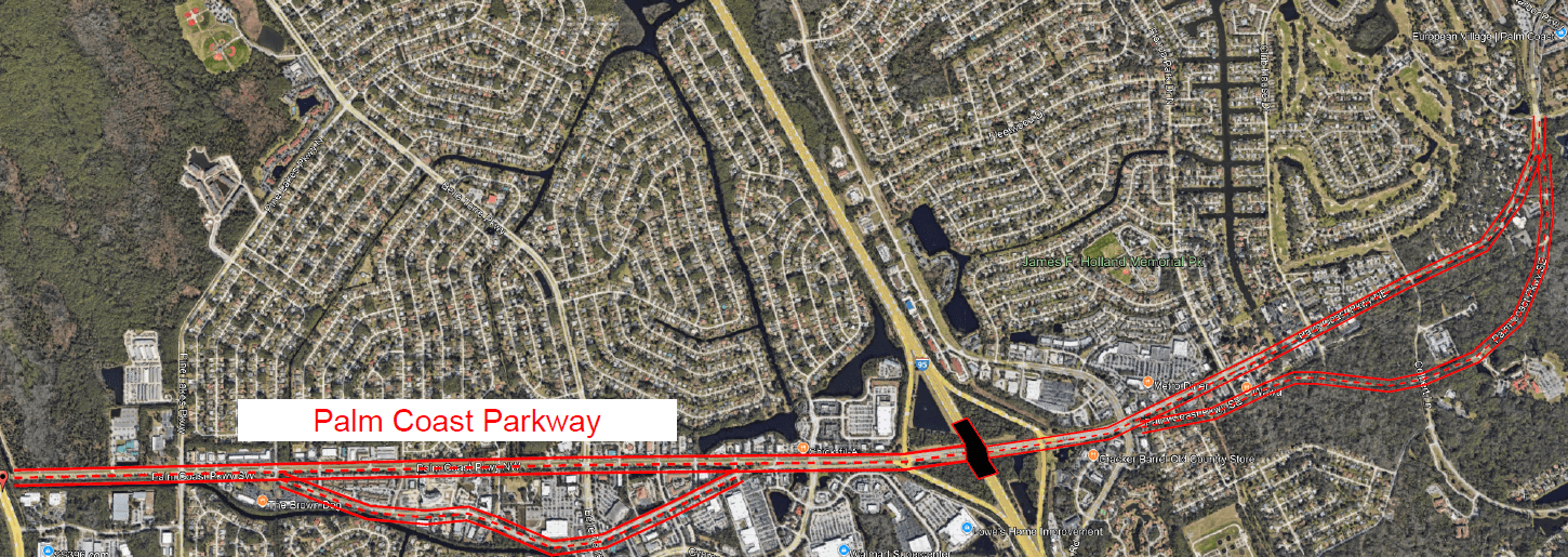 Palm Coast Parkway Resurfacing Map from US1 to Hammock Dunes Bridge.png