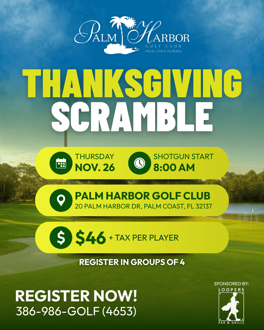 Palm Harbor Golf Club will host its inaugural Thanksgiving Scramble on Thursday, November 26, giving golfers a chance to play a round on Thanksgiving morning before spending the holiday with family and friends.