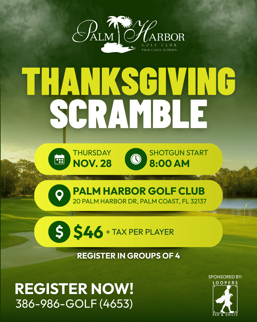 Palm Harbor Golf Club will host its inaugural Thanksgiving Scramble on Thursday, November 26, giving golfers a chance to play a round on Thanksgiving morning before spending the holiday with family and friends.
