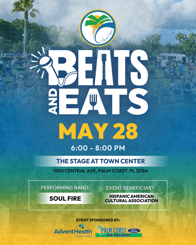 The City of Palm Coast is excited to announce the launch of its newest community event, Beats & Eats, debuting on Wednesday, May 28, from 6 to 8 p.m. at The Stage.