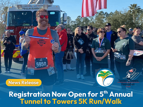 Graphic with Photo of Participants from previous Tunnel to Towers 5K event with winner holding medal.