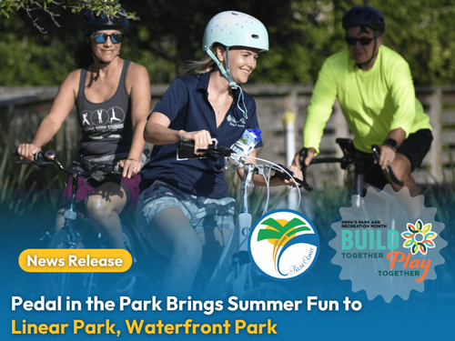 Graphic with Photo of People Riding Bikes During Pedal in the Park 2025.