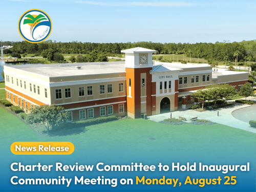 Graphic with event information featuring a photo of Palm Coast City Hall